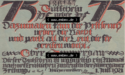 Notgeld Oberammergau, Gemeinde in Bayern 1921-1922, Gutschein über 75 Pfennig, Ohne Rand (2). Deutsches Notgeld Oberammergau,... Sammlung
