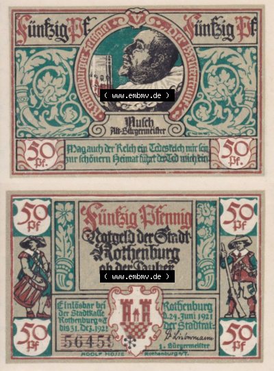 Notgeld Rothenburg ob der Tauber, Stadt in Bayern 1921, 50 Pfennig, Alt-Bürgermeister (3). Deutsches Notgeld Rothenburg ob der... Sammlung