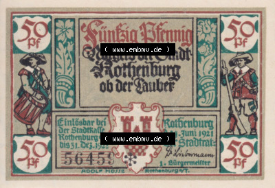 Notgeld Rothenburg ob der Tauber, Stadt in Bayern 1921, 50 Pfennig, Alt-Bürgermeister (2). Deutsches Notgeld Rothenburg ob der... Sammlung