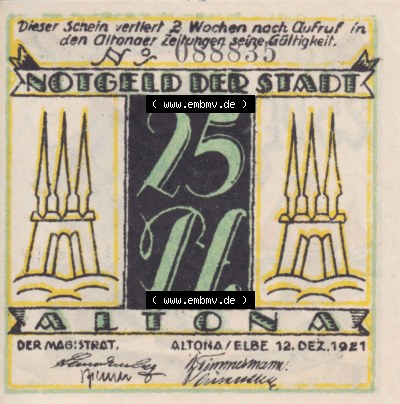 Notgeld Altona, Stadt in Land Hamburg, Männer-Serie 1921, 25 Pfennig II (1). Deutsches Notgel Altona, Stadt aus Land Hamburg... Sammlung