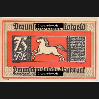 Notgeld Braunschweig, Staatsbank in Braunschweig 1921-1923, 75 Pfennig ok de Venusgrillen (1). Deutsches Notgeld 75 Pfennig Braunschweiger Staatsbank aus Land Braunschweig... Sammlung