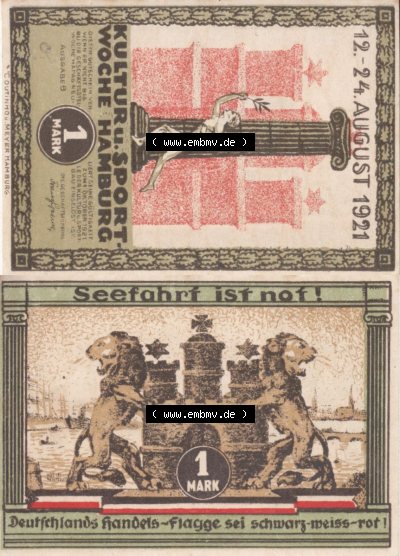 Notgeld Hamburg, Stadt in Land Hamburg, Serie Kultur- und Sportwoche Hamburg 1921b, Kultur Sportwoche 1 Mark (3). Deutsches Notgel... Sammlung