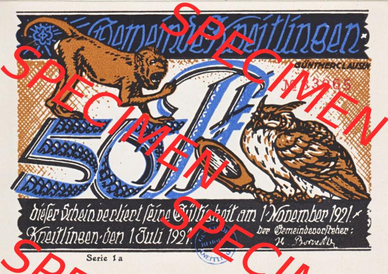 Notgeld Kneitlingen, Gemeinde in Braunschweig 1921-1921, 50 Pfennig 1a (1). Deutsches Notgeld Kneitlingen Gemeinde aus Land Braunschweig, mit Till Eulenspiegel im online... Sammlung