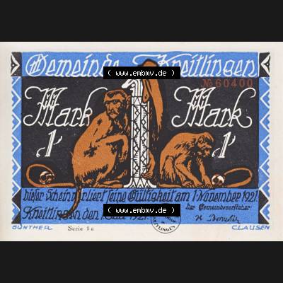 Notgeld Kneitlingen, Gemeinde in Braunschweig 1921-1921, 1 Mark 1e (1). Deutsches Notgeld Kneitlingen Gemeinde aus Land Braunschweig, mit Till Eulenspiegel im online... Sammlung