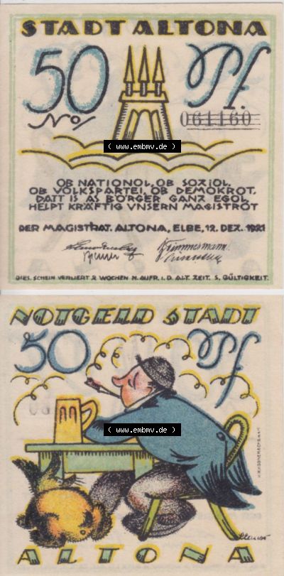 Notgeld Altona, Stadt in Land Hamburg, Männer-Serie 1921, 50 Pfennig II (3). Deutsches Notgel Altona, Stadt aus Land Hamburg... Sammlung