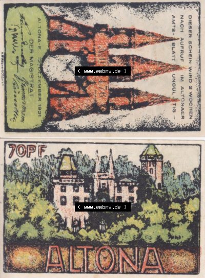 Notgeld Hamburg, Stadt in Land Hamburg, Altona Tropfen 1921, 70 Pfennig I (3). Deutsches Notgel Stadt Hamburg aus Land Hamburg... Sammlung