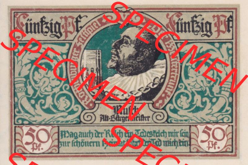 Notgeld Rothenburg ob der Tauber, Stadt in Bayern 1921, 50 Pfennig, Alt-Bürgermeister (1). Deutsches Notgeld Rothenburg ob der Tauber, Stadt aus Land Bayern... Sammlung