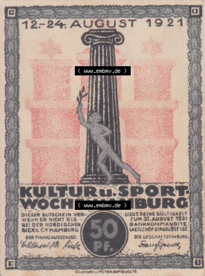 Notgeld Hamburg, Stadt in Land Hamburg, Serie Kultur- und Sportwoche Hamburg 1921a, Kultur Sportwoche 50 Pfennig (2). Deutsches... Sammlung