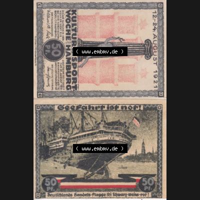 Notgeld Hamburg, Stadt in Land Hamburg, Serie Kultur- und Sportwoche Hamburg 1921a, Kultur Sportwoche 50 Pfennig (3). Deutsches Notgel Stadt Hamburg aus Land Hamburg... Sammlung