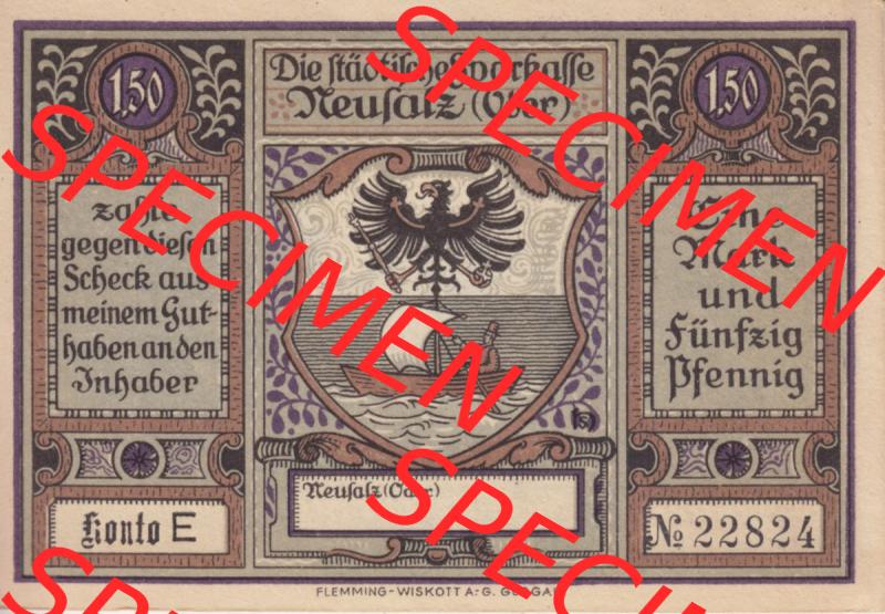 Notgeld Neusalz, Sparkasse in Schlesien 1,50 M. - Mark Konto E, 1,50 Mark Eine Mark und Fünfzig Pfennig (1). Deutsches Notgeld Neusalz, Sparkasse... Sammlung