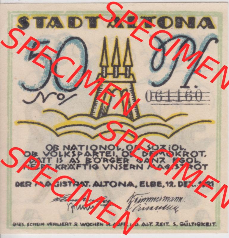 Notgeld Altona, Stadt in Land Hamburg, Männer-Serie 1921, 50 Pfennig II (1). Deutsches Notgel Altona, Stadt aus Land Hamburg im online Katalog zum katalogisieren,... Sammlung