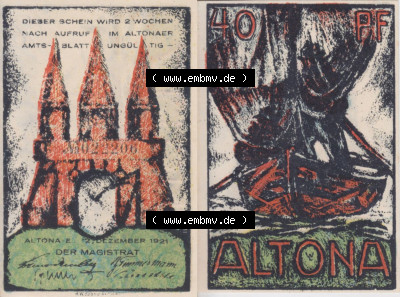 Notgeld Hamburg, Stadt in Land Hamburg, Altona Tropfen 1921, Hafen 40 Pfennig (3). Deutsches Notgel Stadt Hamburg aus Land Hamburg... Sammlung