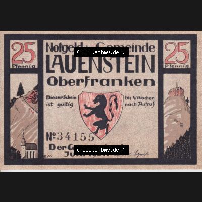 Notgeld Lauenstein, Gemeinde in Bayern 1921, 25 Pfennig (2). Deutsches Notgeld Lauenstein, Gemeinde aus Land Bayern im online Katalog zum katalogisieren, kategorisieren... Sammlung
