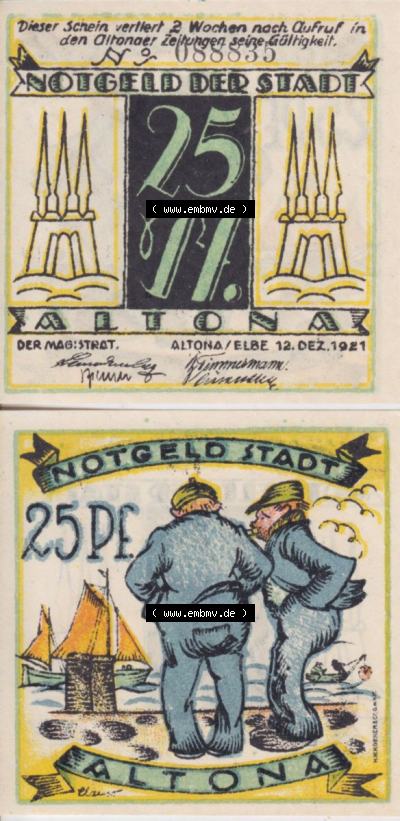Notgeld Altona, Stadt in Land Hamburg, Männer-Serie 1921, 25 Pfennig II (3). Deutsches Notgel Altona, Stadt aus Land Hamburg... Sammlung