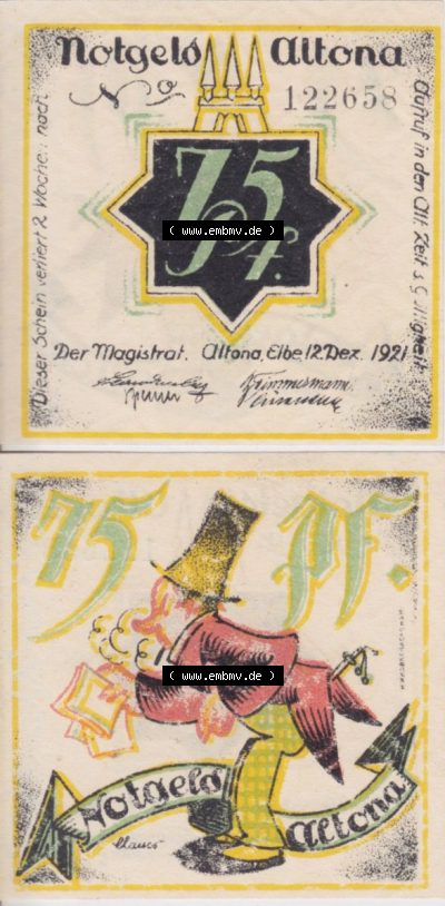 Notgeld Altona, Stadt in Land Hamburg, Männer-Serie 1921, 75 Pfennig I (3). Deutsches Notgel Altona, Stadt aus Land Hamburg im... Sammlung