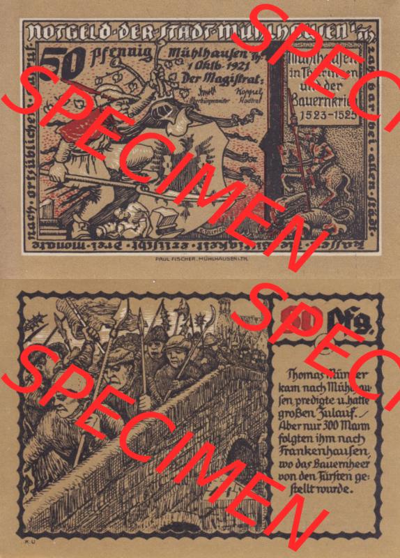 Notgeld Mühlhausen, Stadt in Sachsen-Thüringen 1921, 50 Pfennig C Thomas Münzer (3). Deutsches Notgeld Mühlhausen, Stadt aus Land Sachsen-Thüringen... Sammlung