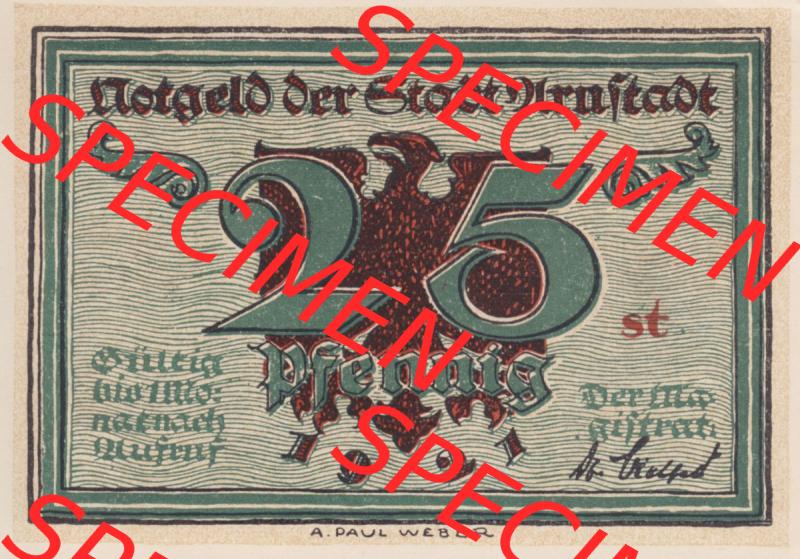 Notgeld Arnstadt, Stadt in Schwarzburg-Sondershausen 1921, Buchstabe st von Arnstadt (1). Deutsches Notgeld Arnstadt, Stadt aus Land Schwarzburg-Sondershausen im online... Sammlung