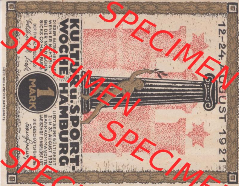 Notgeld Hamburg, Stadt in Land Hamburg, Serie Kultur- und Sportwoche Hamburg 1921a, Kultur Sportwoche, 1 Mark (0). Deutsches Notgel Stadt Hamburg aus Land Hamburg... Sammlung