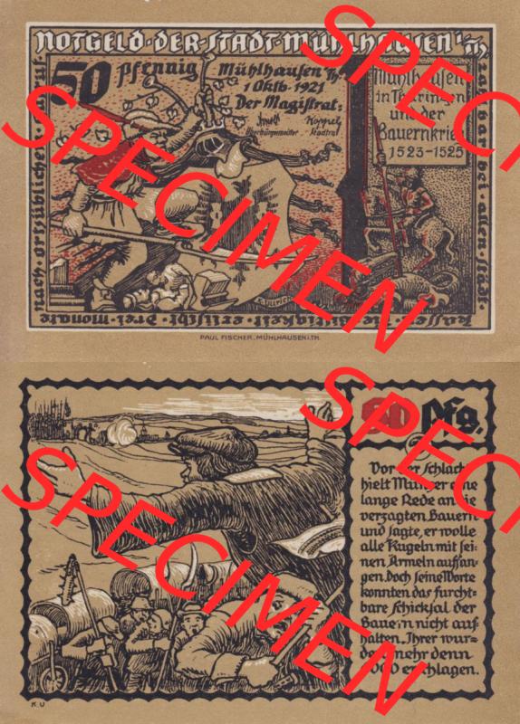 Notgeld Mühlhausen, Stadt in Sachsen-Thüringen 1921, 50 Pfennig D Vor der Schlacht hielr Münzer (3). Deutsches Notgeld Mühlhausen, Stadt aus Land... Sammlung