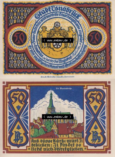 Notgeld Osnabrück, Stadt im Land Hannover 1921, 50 Pfennig, Die Marienkirche (3). Deutsches Notgeld Osnabrück, Stadt aus Land... Sammlung