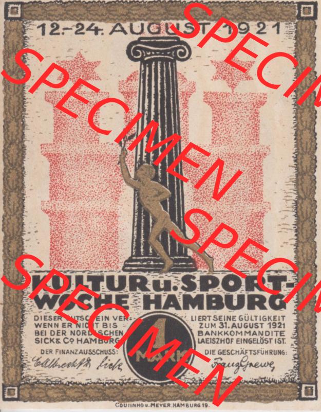 Notgeld Hamburg, Stadt in Land Hamburg, Serie Kultur- und Sportwoche Hamburg 1921a, Kultur Sportwoche, 1 Mark (1). Deutsches Notgel Stadt Hamburg aus Land Hamburg... Sammlung