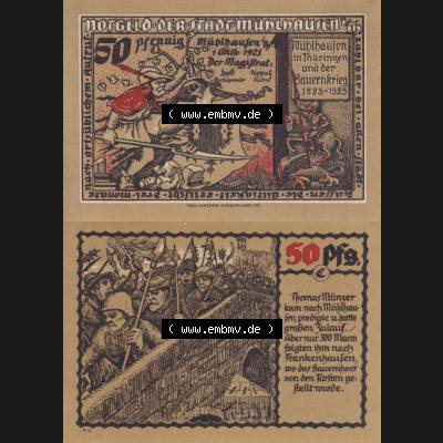 Notgeld Mühlhausen, Stadt in Sachsen-Thüringen 1921, 50 Pfennig C Thomas Münzer (3). Deutsches Notgeld Mühlhausen, Stadt aus Land Sachsen-Thüringen... Sammlung