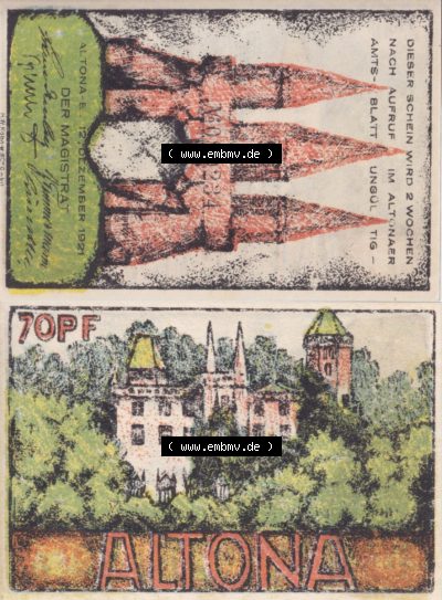 Notgeld Hamburg, Stadt in Land Hamburg, Altona Tropfen 1921, Hafen 70 Pfennig (3). Deutsches Notgel Stadt Hamburg aus Land Hamburg... Sammlung