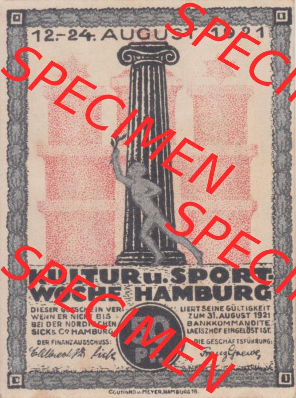Notgeld Hamburg, Stadt in Land Hamburg, Serie Kultur- und Sportwoche Hamburg 1921a, Kultur Sportwoche 50 Pfennig (2). Deutsches Notgel Stadt Hamburg aus Land Hamburg... Sammlung