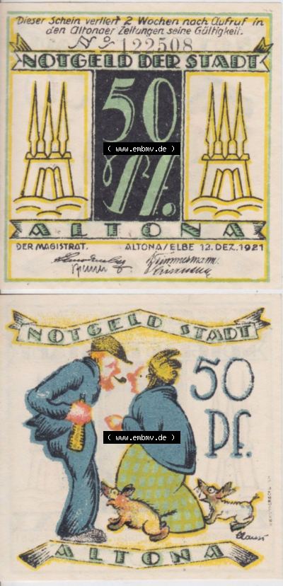 Notgeld Altona, Stadt in Land Hamburg, Männer-Serie 1921, 50 Pfennig I (3). Deutsches Notgel Altona, Stadt aus Land Hamburg im... Sammlung