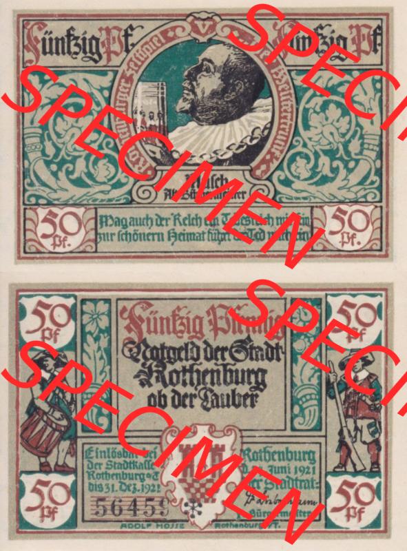 Notgeld Rothenburg ob der Tauber, Stadt in Bayern 1921, 50 Pfennig, Alt-Bürgermeister (3). Deutsches Notgeld Rothenburg ob der Tauber, Stadt aus Land Bayern... Sammlung