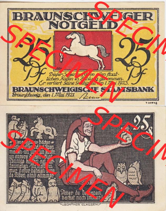 Notgeld Braunschweig, Staatsbank in Braunschweig 1921-1923, 25 Pfennig Eulenspiegel as Bäcker (3). Deutsches Notgeld Braunschweiger Staatsbank aus Land Braunschweig im... Sammlung