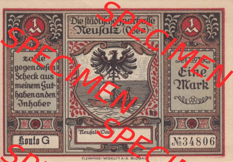 Notgeld Neusalz, Sparkasse in Schlesien 1 M. - Mark Konto G, Erhebung von Neusalz zur Stadt (1). Deutsches Notgeld Neusalz, Sparkasse aus Land Schlesien im online... Sammlung
