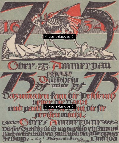 Notgeld Oberammergau, Gemeinde in Bayern 1921-1922, Gutschein über 75 Pfennig, Ohne Rand (3). Deutsches Notgeld Oberammergau,... Sammlung