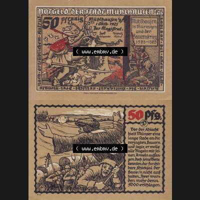 Notgeld Mühlhausen, Stadt in Sachsen-Thüringen 1921, 50 Pfennig D Vor der Schlacht hielr Münzer (3). Deutsches Notgeld Mühlhausen, Stadt aus Land... Sammlung