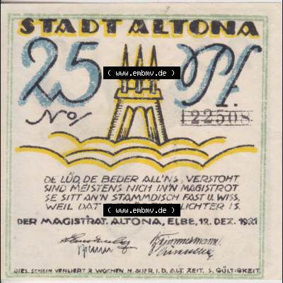 Notgeld Altona, Stadt in Land Hamburg, Männer-Serie 1921, 25 Pfennig I (1). Deutsches Notgel Altona, Stadt aus Land Hamburg im online Katalog zum katalogisieren,... Sammlung