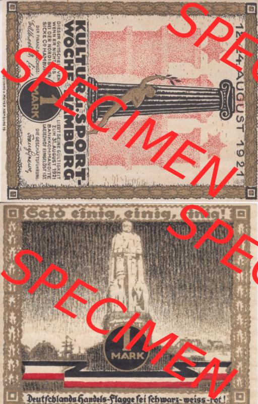 Notgeld Hamburg, Stadt in Land Hamburg, Serie Kultur- und Sportwoche Hamburg 1921a, Kultur Sportwoche, 1 Mark (3). Deutsches Notgel Stadt Hamburg aus Land Hamburg... Sammlung