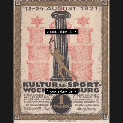 Notgeld Hamburg, Stadt in Land Hamburg, Serie Kultur- und Sportwoche Hamburg 1921a, Kultur Sportwoche, 1 Mark (1). Deutsches Notgel Stadt Hamburg aus Land Hamburg... Sammlung