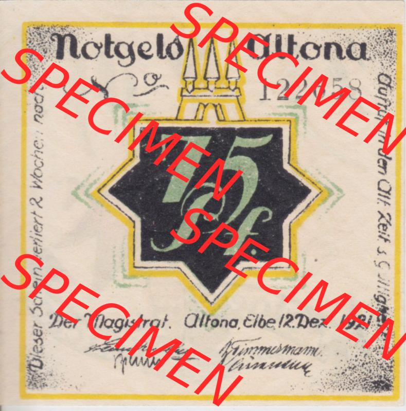Notgeld Altona, Stadt in Land Hamburg, Männer-Serie 1921, 75 Pfennig I (1). Deutsches Notgel Altona, Stadt aus Land Hamburg im online Katalog zum katalogisieren,... Sammlung