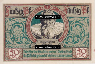 Notgeld Rothenburg ob der Tauber, Stadt in Bayern 1921, 50 Pfennig, Bürgermeister Bezold (1). Deutsches Notgeld Rothenburg ob... Sammlung