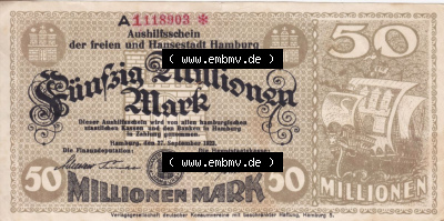 Notgeld Hamburg, Stadt in Land Hamburg, Großgeld 1923, 50 Fünfzig Millionen Mark (1). Deutsches Notgel Stadt Hamburg aus Land... Sammlung