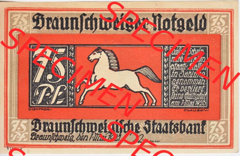 Notgeld Braunschweig, Staatsbank in Braunschweig 1921-1923, 75 Pfennig ok de Venusgrillen (1). Deutsches Notgeld 75 Pfennig Braunschweiger Staatsbank aus Land Braunschweig... Sammlung
