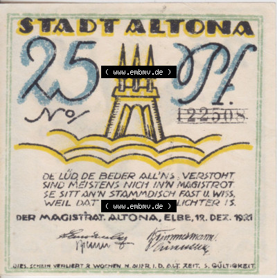 Notgeld Altona, Stadt in Land Hamburg, Männer-Serie 1921, 25 Pfennig I (1). Deutsches Notgel Altona, Stadt aus Land Hamburg im... Sammlung