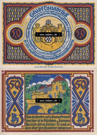 Notgeld Osnabrück, Stadt im Land Hannover 1921, 50 Pfennig, Die Vitischanze (3). Deutsches Notgeld Osnabrück, Stadt aus Land... Sammlung