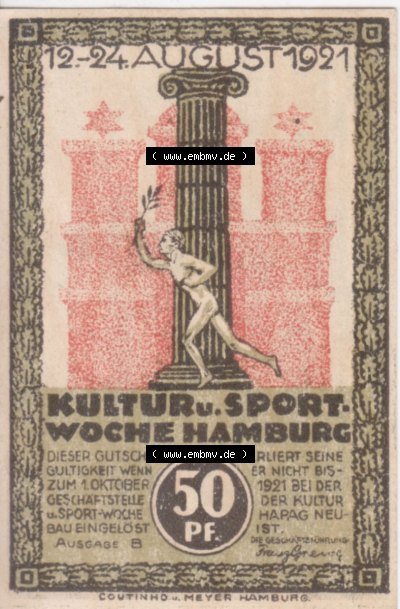 Notgeld Hamburg, Stadt in Land Hamburg, Serie Kultur- und Sportwoche Hamburg 1921b, Kultur Sportwoche 50 Pfennig (2). Deutsches... Sammlung