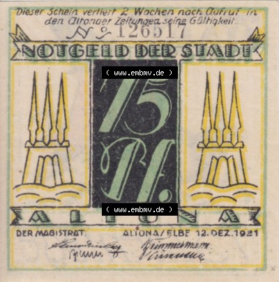 Notgeld Altona, Stadt in Land Hamburg, Männer-Serie 1921, 75 Pfennig II (1). Deutsches Notgel Altona, Stadt aus Land Hamburg... Sammlung