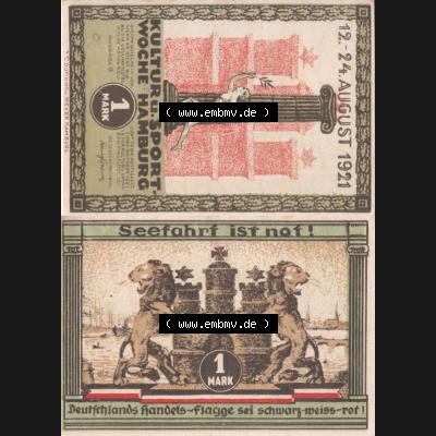 Notgeld Hamburg, Stadt in Land Hamburg, Serie Kultur- und Sportwoche Hamburg 1921b, Kultur Sportwoche 1 Mark (3). Deutsches Notgel Stadt Hamburg aus Land Hamburg im online... Sammlung