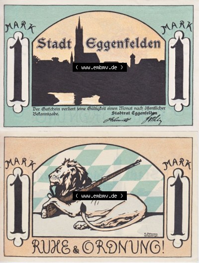 Notgeld Eggenfelden, Stadt in Rheinland Stadt, 1 Mark Ruhe und Ordnung (3). Deutsches Notgeld Eggenfelden, Stadt aus Land Bayern... Sammlung