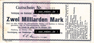 Notgeld Hamburg, Stadt in Land Hamburg, Großgeld 1923, Zwei Milliarden Mark (1). Deutsches Notgel Stadt Hamburg aus Land Hamburg... Sammlung