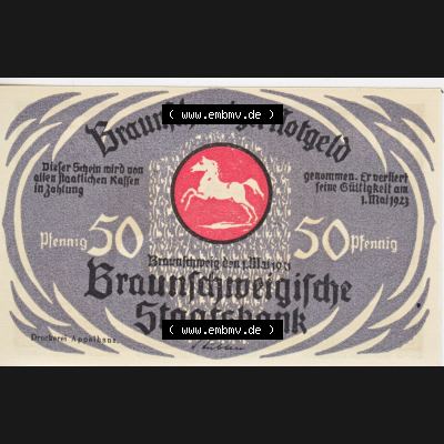Notgeld Braunschweig, Staatsbank in Braunschweig 1921-1923, 50 Pfenig Füer Leiw un Branne (1). Deutsches Notgeld Braunschweiger Staatsbank aus Land Braunschweig im online... Sammlung