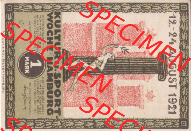 Notgeld Hamburg, Stadt in Land Hamburg, Serie Kultur- und Sportwoche Hamburg 1921b, Kultur Sportwoche 1 Mark (0). Deutsches Notgel Stadt Hamburg aus Land Hamburg im online... Sammlung